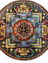 Tibetan Wooden Wall Hanging [double Dorje] Design At Center, With Mandala Design, [thangka Color Finishing], [hand Craved]