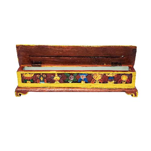 Tibetan Ritual Wooden Incense Burner, With  [ashtamangala Design], Traditional Color Painted