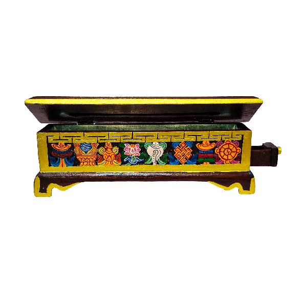 Tibetan Ritual Wooden Incense Burner, With [ashtamangala Design] Traditional Color Painted