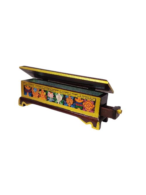 Tibetan Ritual Wooden Incense Burner, With [ashtamangala Design] Traditional Color Painted