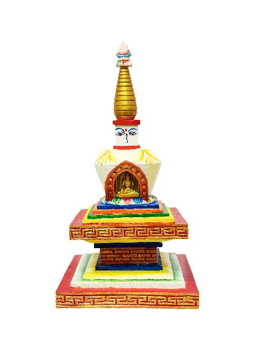 Buddhist Handmade Wooden Stupa, With [shakyamuni Buddha], [traditional Color]