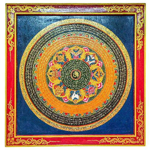 Buddhist Wooden Thangka With Mantra Carved, Tibetan Style With Traditional Colors