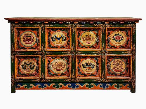 Tibetan Cabinet With Ashtamangala, Two Drawers And Two Doors, painted