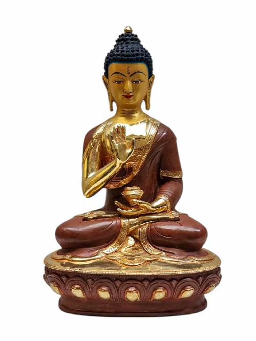 amoghasiddhi Buddha, Tibetan Buddhist Handmade Statue, Partly Gold Plated, Painted Face