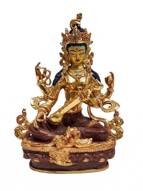 saraswati, Tibetan Buddhist Handmade Statue, Partly Gold Plated, Painted Face