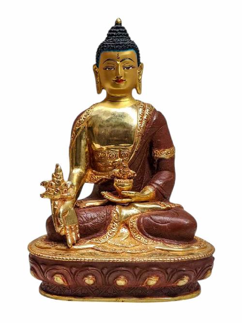 medicine Buddha, Tibetan Buddhist Handmade Statue, Partly Gold Plated, Painted Face