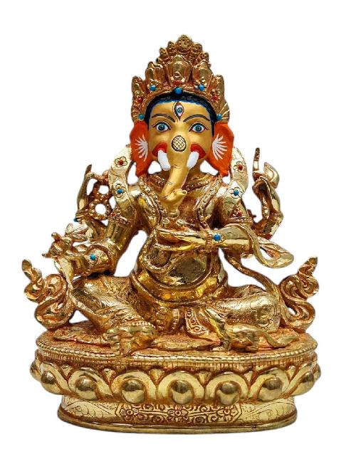 ganesh, Tibetan Buddhist Handmade Statue, Gold Plated, Painted Face