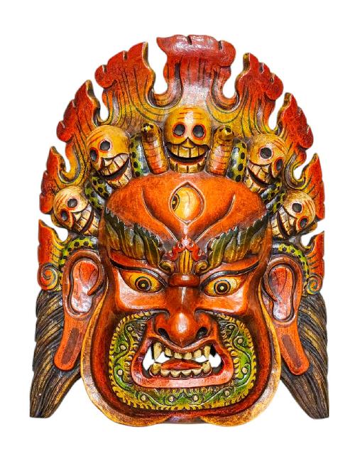 [Fire Bhairav], Handmade Wooden Mask, Wall Hanging, Painted, Poplar Wood, High Quality-34304