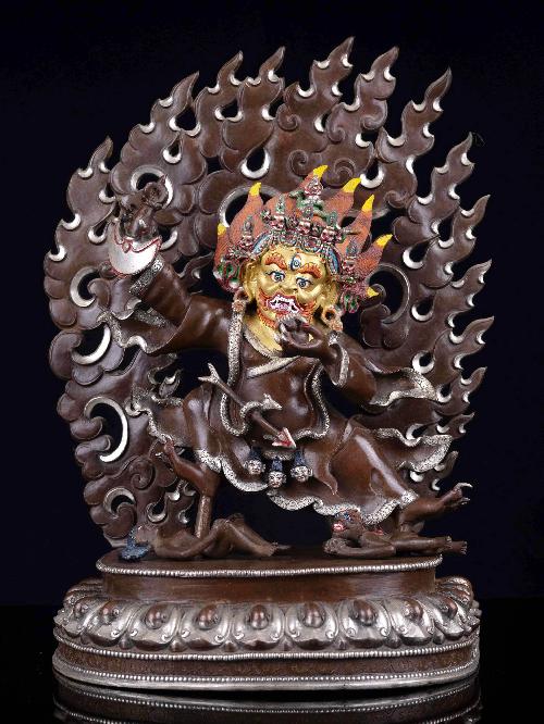 mahakala Two Arms, buddhist Handmade Statue, silver And Chocolate Oxidized And Face Painted, High Quality