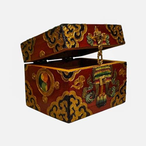 Buddhist Wooden Box, Tibetan Style With Traditional Colors