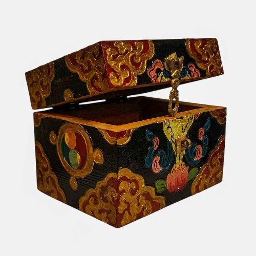 Buddhist Wooden Box, Tibetan Style With Traditional Colors