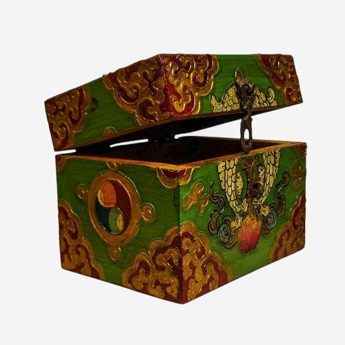 Buddhist Wooden Box, Tibetan Style With Traditional Colors