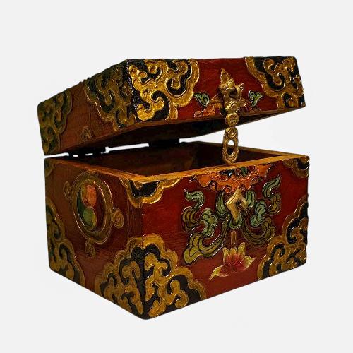 Buddhist Wooden Box, Tibetan Style With Traditional Colors