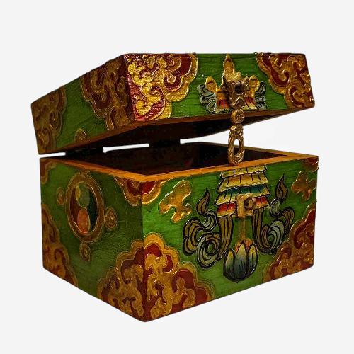 Buddhist Wooden Box, Tibetan Style With Traditional Colors