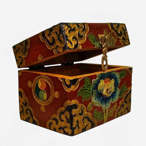 Buddhist Wooden Box, Tibetan Style With Traditional Colors