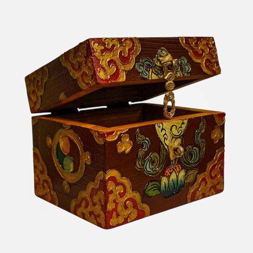 Buddhist Wooden Box, Tibetan Style With Traditional Colors