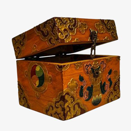 Buddhist Wooden Box, Tibetan Style With Traditional Colors