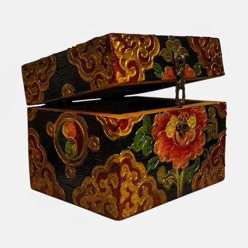 Buddhist Wooden Box, Tibetan Style With Traditional Colors