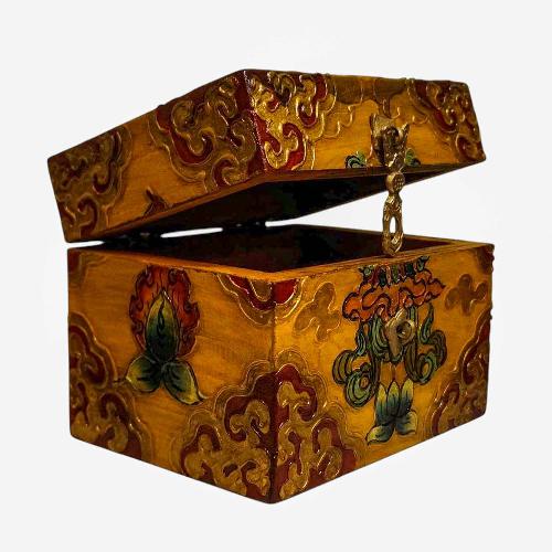 Buddhist Wooden Box, Tibetan Style With Traditional Colors