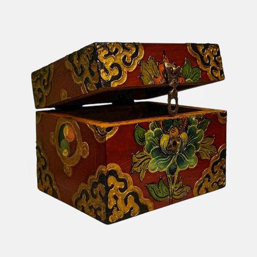 Buddhist Wooden Box, Tibetan Style With Traditional Colors