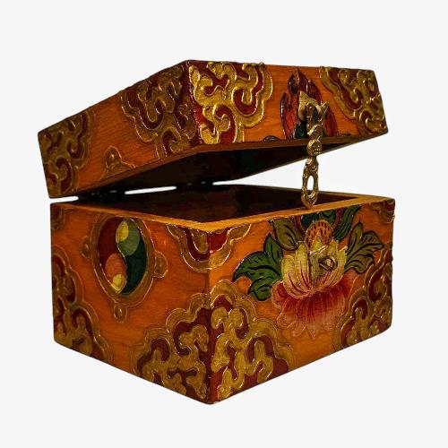 Buddhist Wooden Box, Tibetan Style With Traditional Colors