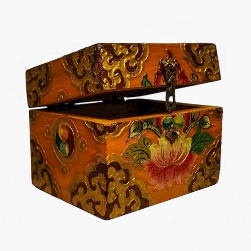 Buddhist Wooden Box, Tibetan Style With Traditional Colors