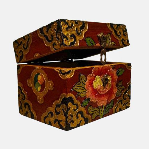 Buddhist Wooden Box, Tibetan Style With Traditional Colors