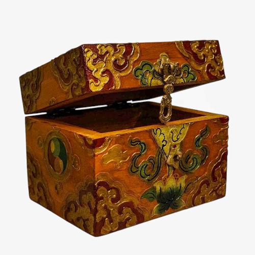 Buddhist Wooden Box, Tibetan Style With Traditional Colors