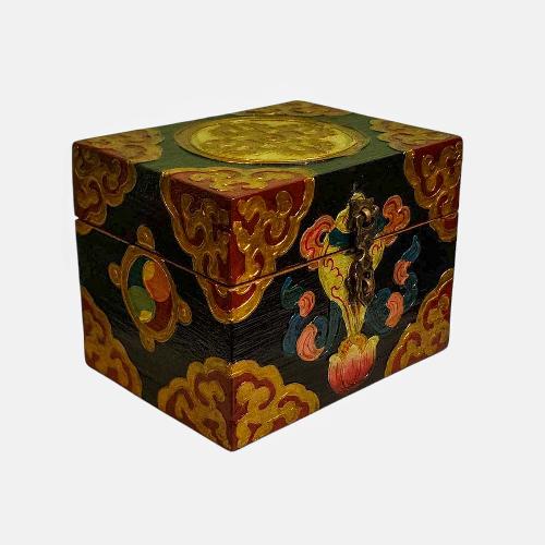 Buddhist Wooden Box, Tibetan Style With Traditional Colors