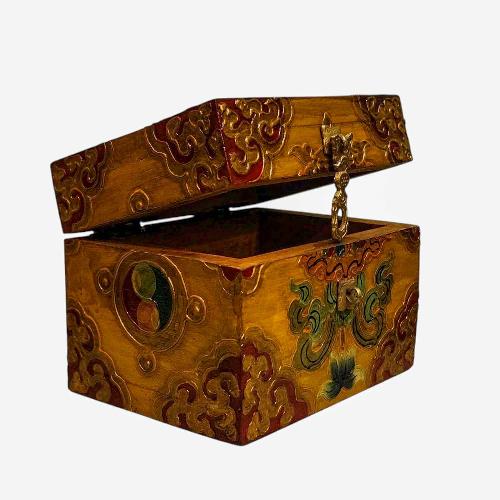 Buddhist Wooden Box, Tibetan Style With Traditional Colors