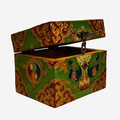 Buddhist Wooden Box, Tibetan Style With Traditional Colors