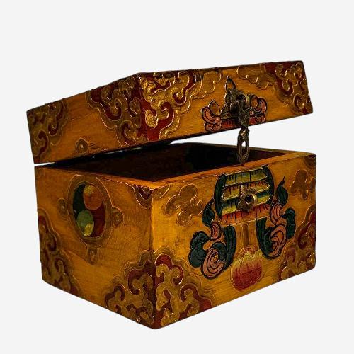 Buddhist Wooden Box, Tibetan Style With Traditional Colors