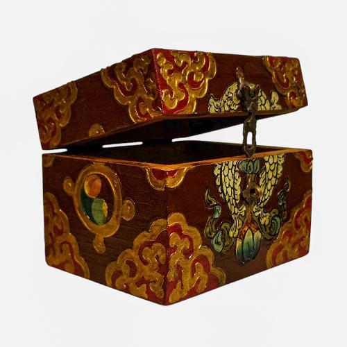 Buddhist Wooden Box, Tibetan Style With Traditional Colors