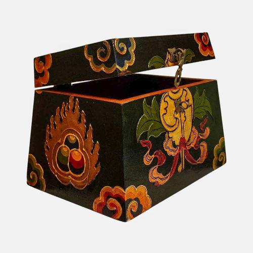 Buddhist Wooden Box, Tibetan Style With Traditional Colors