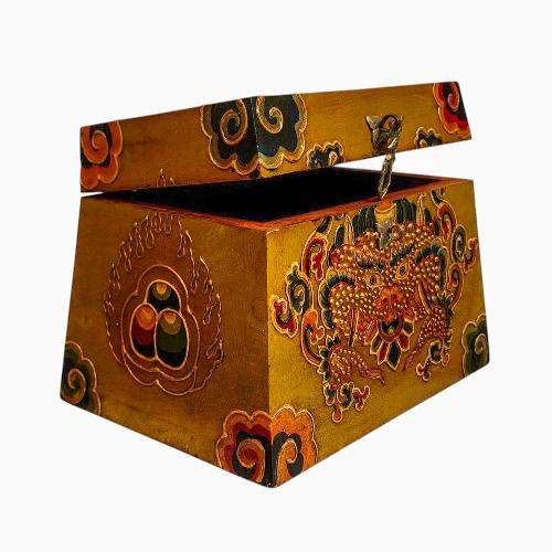 Buddhist Wooden Box, Tibetan Style With Traditional Colors