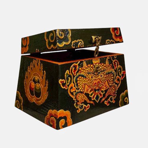 Buddhist Wooden Box, Tibetan Style With Traditional Colors