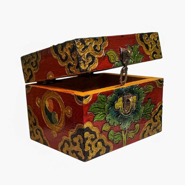 Buddhist Wooden Box, Tibetan Style With Traditional Colors