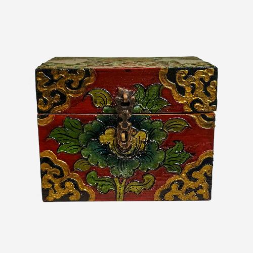 Buddhist Wooden Box, Tibetan Style With Traditional Colors