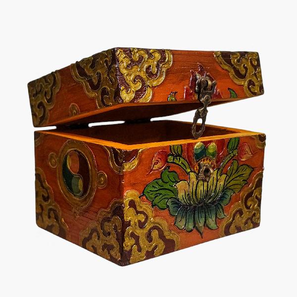 Buddhist Wooden Box, Tibetan Style With Traditional Colors