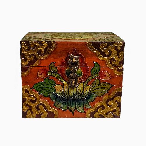 Buddhist Wooden Box, Tibetan Style With Traditional Colors