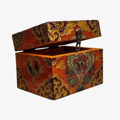 Buddhist Wooden Box, Tibetan Style With Traditional Colors