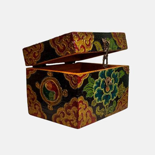 Buddhist Wooden Box, Tibetan Style With Traditional Colors