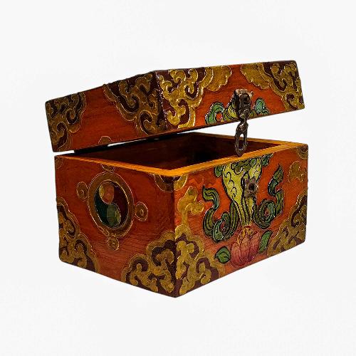 Buddhist Wooden Box, Tibetan Style With Traditional Colors