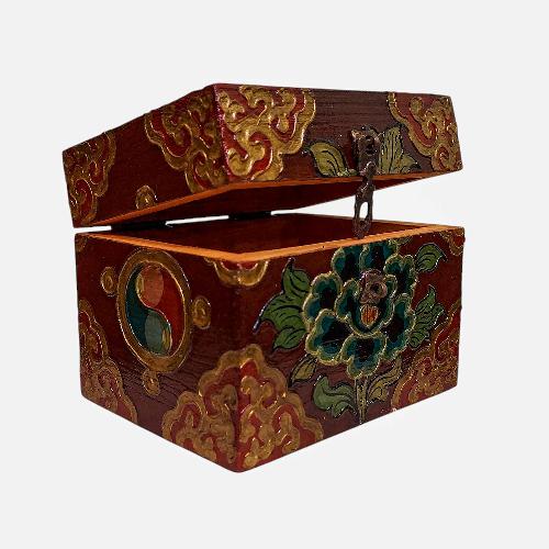 Buddhist Wooden Box, Tibetan Style With Traditional Colors