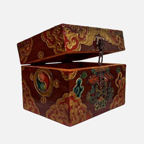 Buddhist Wooden Box, Tibetan Style With Traditional Colors