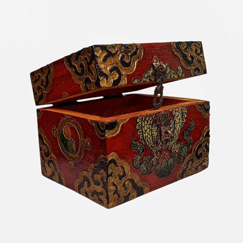 Buddhist Wooden Box, Tibetan Style With Traditional Colors