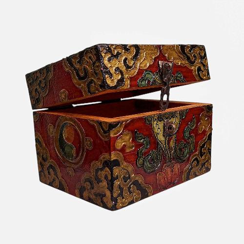 Buddhist Wooden Box, Tibetan Style With Traditional Colors