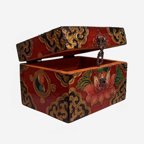 Buddhist Wooden Box, Tibetan Style With Traditional Colors