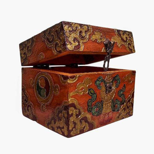 Buddhist Wooden Box, Tibetan Style With Traditional Colors