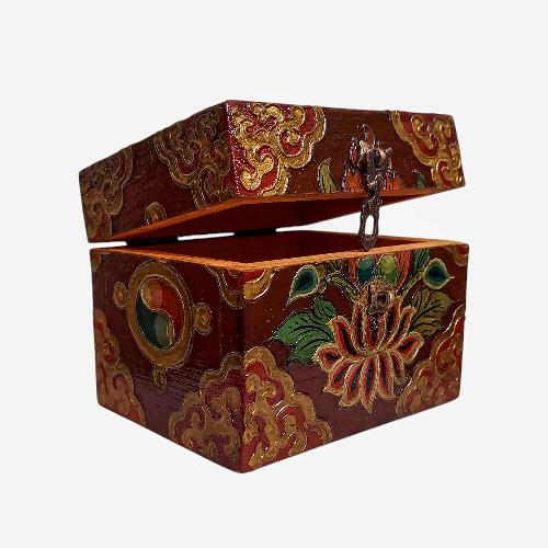 Buddhist Wooden Box, Tibetan Style With Traditional Colors